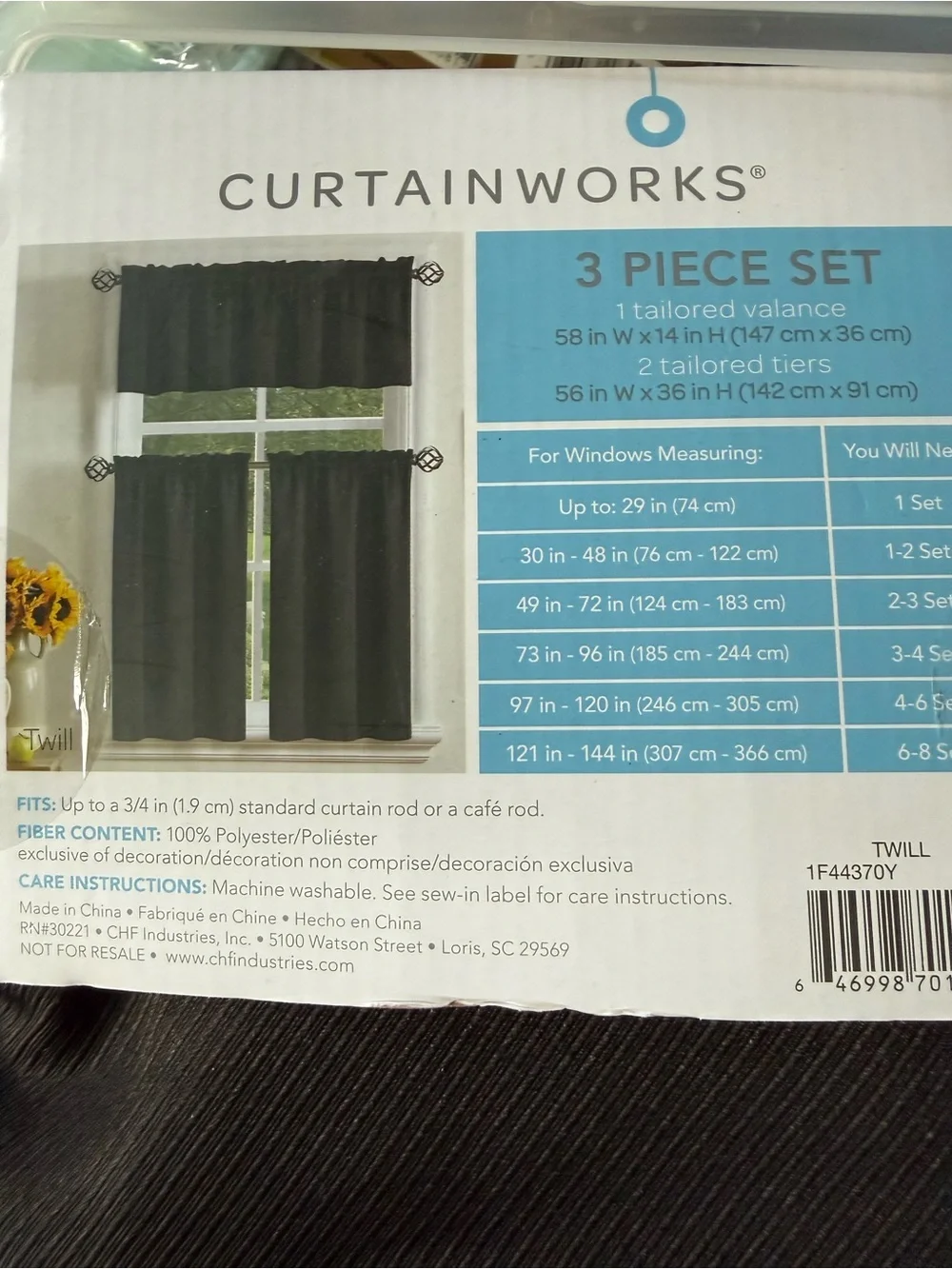 Small Window 3-Piece Set - Black Twill one tailored valance two curtains 56”x36“